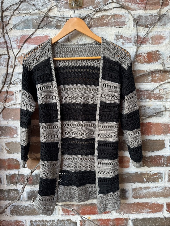 Handmade Sweaters - Handmade Crochet Striped Duster Cardigan – Black & Grey Size Small